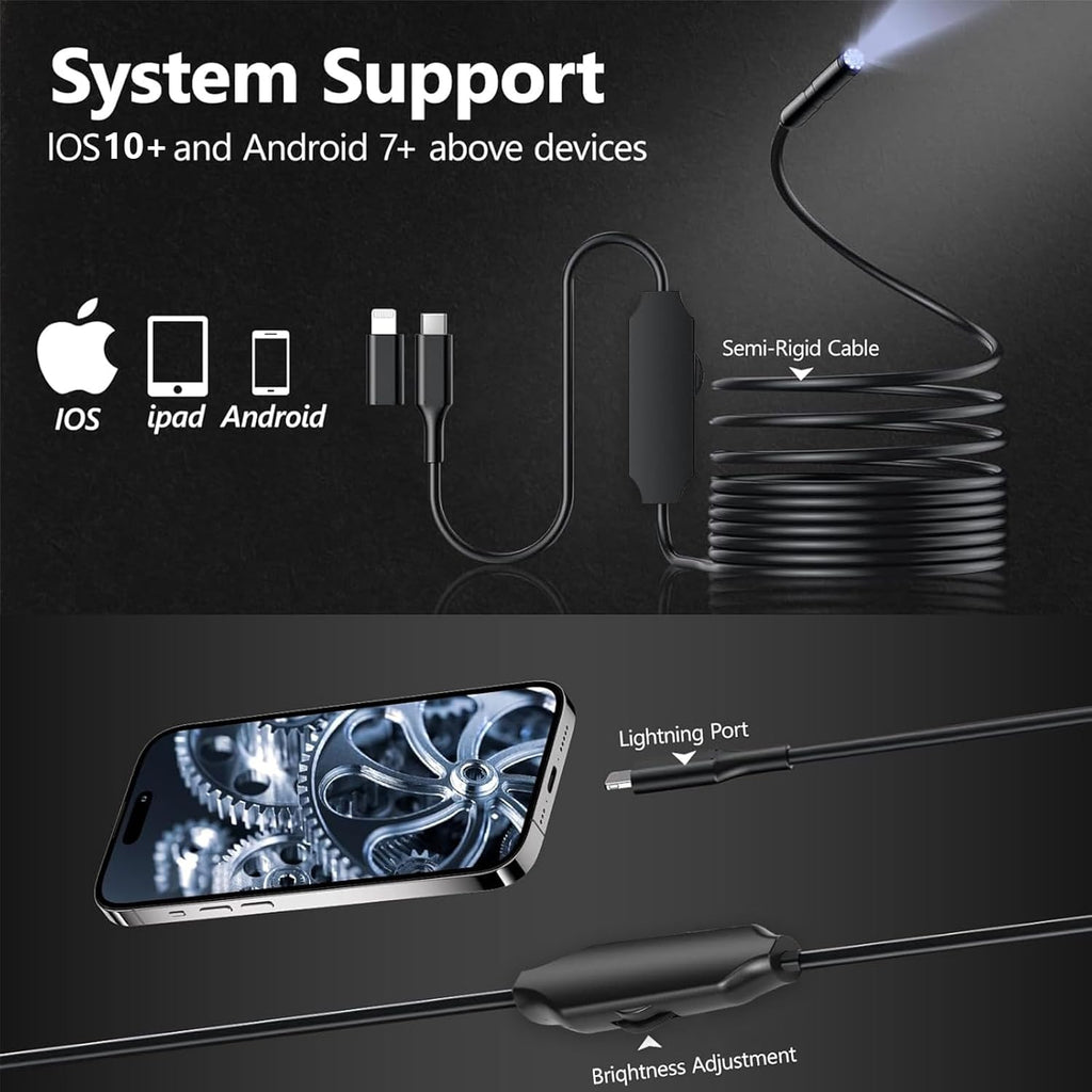 1920P HD Borescope with 8 Adjustable LED Lights, 16.4ft Semi-Rigid Cord, 7.9mm Industrial Endoscope O437849