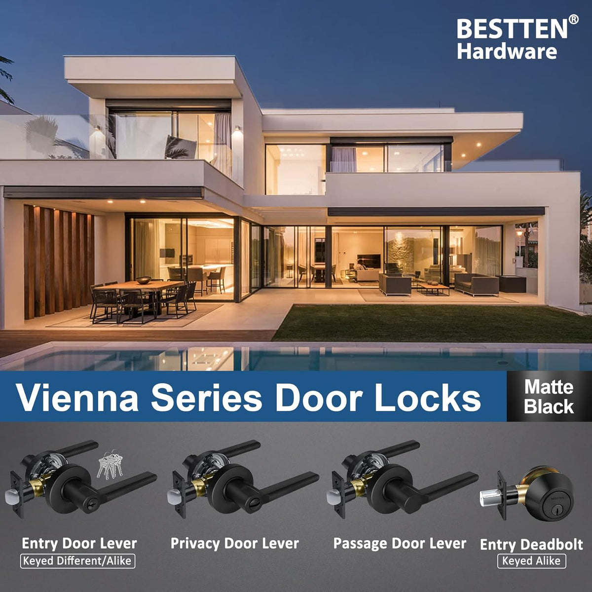 [3 Pack] Matte Black Privacy Door Lever with Removable Latch Plate, All Metal Round Handle K6592