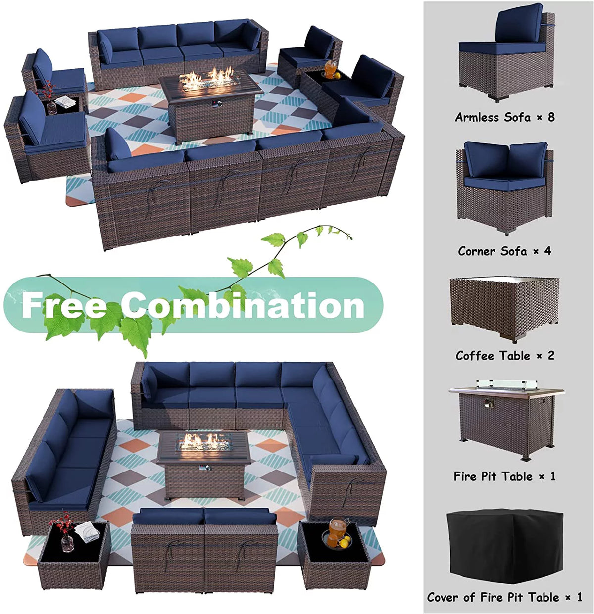 15 Pieces Outdoor Patio Furniture Set with Propane Fire Pit Table Navy Blue Y672