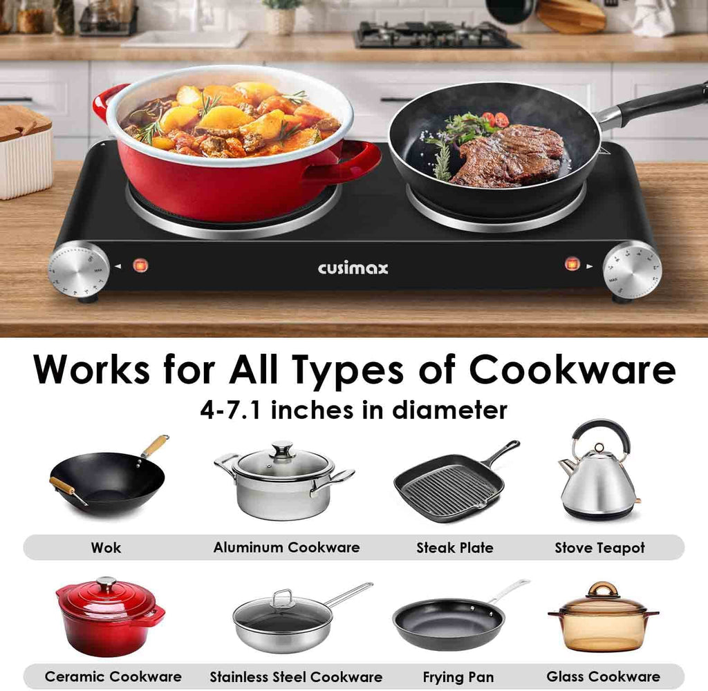 1800W Portable Electric Double Burner Cast Iron Cooktop with 7 Power Levels Z40573
