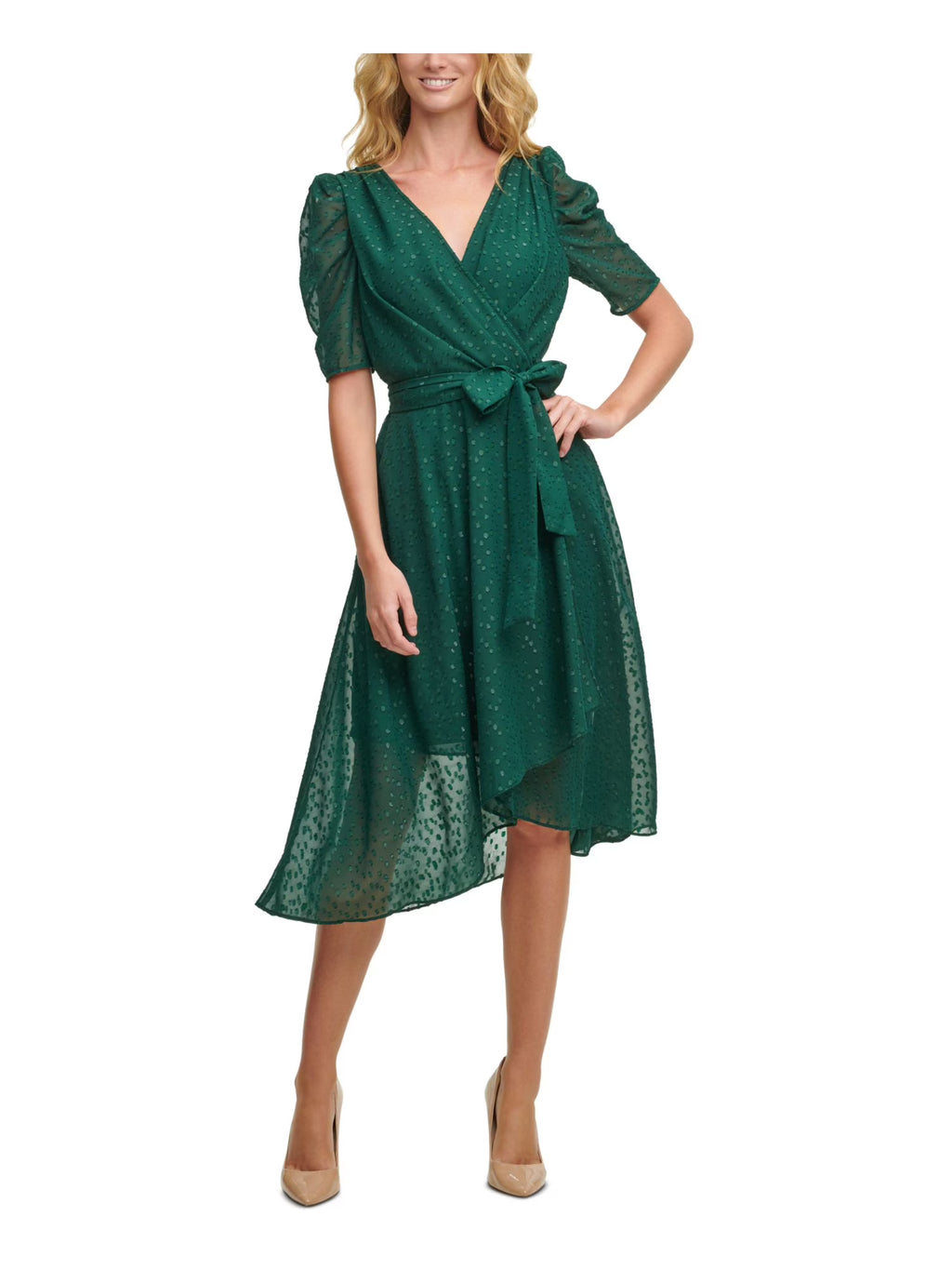 Green Tie Zippered Glitter-dot Pouf Sleeve Surplice Neckline Midi Fit Flare Dress O407038