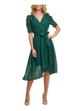 Green Tie Zippered Glitter-dot Pouf Sleeve Surplice Neckline Midi Fit Flare Dress O407038