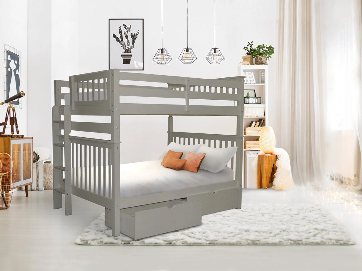 Gray Full over Full Bunk Beds with End Ladder and 2 Under Bed Drawers D671958