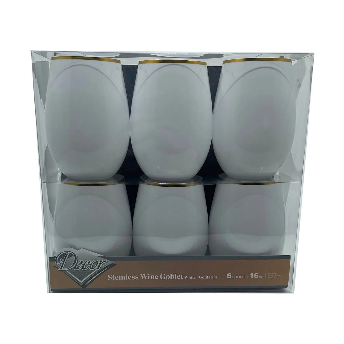 Stemless Plastic Wine Goblet 16 oz White Gold Rim Pack of 24 G5247