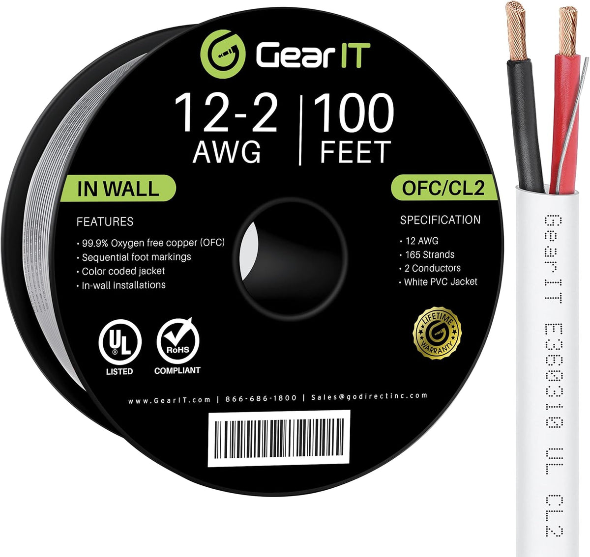 12AWG 250 Feet CL2 Rated 2 Conductors OFC White Speaker Wire Z67835