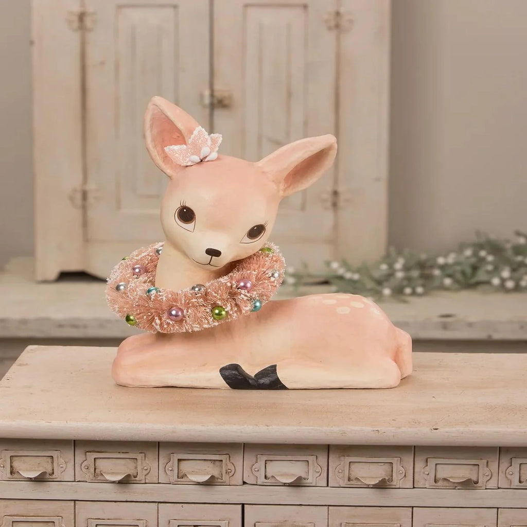 Pastel Pink Fawn With Wreath Paper Mache G33458
