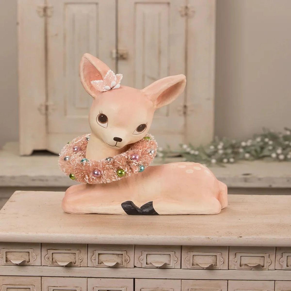 Pastel Pink Fawn With Wreath Paper Mache G33458