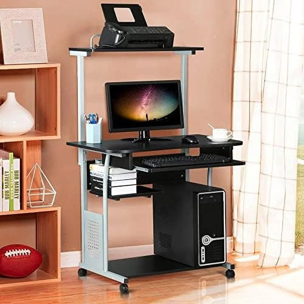 2 Tier Mobile Computer Desk with Printer Shelf Black F619