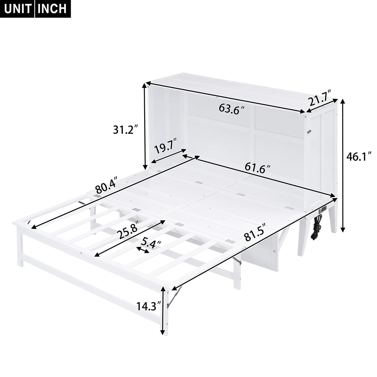 White Queen Size Murphy Bed with Charging Station and Shelf O797