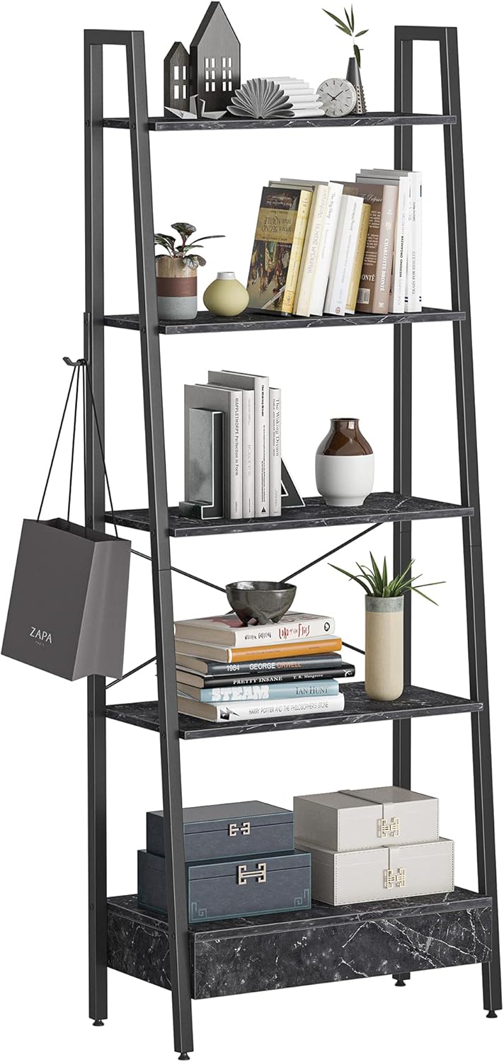 5-Tier Ladder Shelf with Drawer Rustic Brown C38944