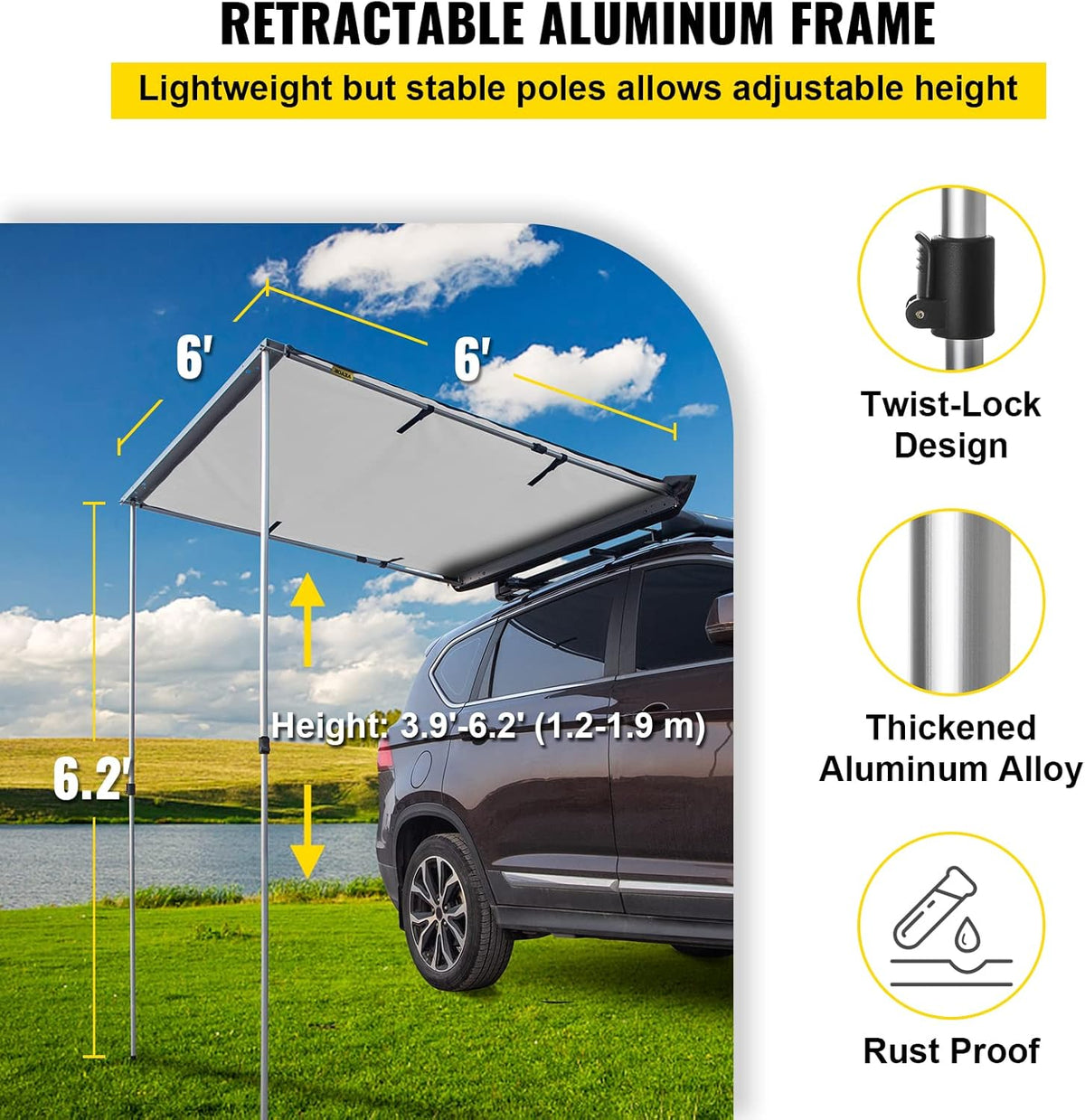 Grey 6'x6' Retractable Vehicle Awning with Carry Bag Q65301