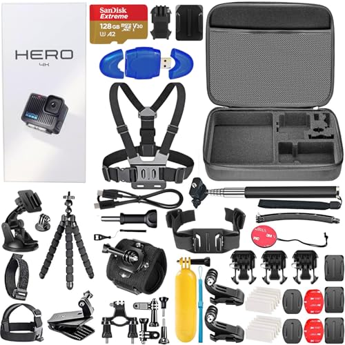 Compact Waterproof Action Camera with 4K, 12MP Photos, Stabilization, 128GB Card, Card Reader, 50 Piece Accessory Kit M951625