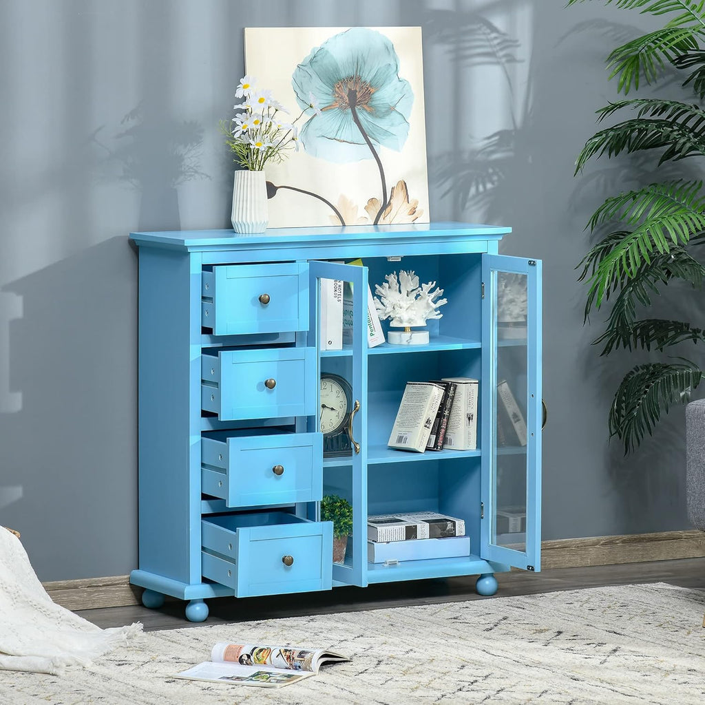 Storage Sideboard Cabinet with 4 Drawers and Glass Door Cupboard P18528