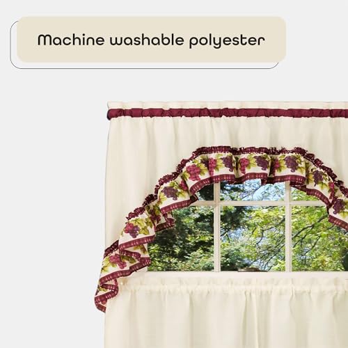 Light Filtering Printed Tier & Swag Window Curtain Set, 57 Inch Length, 24 Inch Width, Chardonnay, Machine Washable S8305