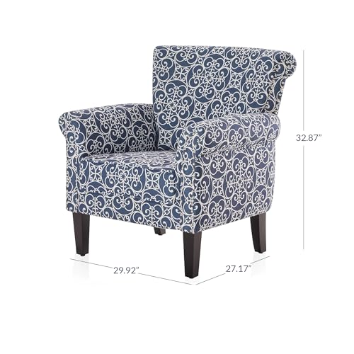 Upholstered Wingback Accent Chair, Fabric Armchair, Nailhead Trim High Back Patterned Corner Chair, Navy Blue/White X701