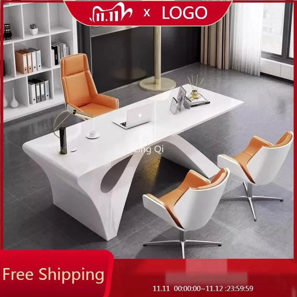 White Office Desk with Filing Cabinets Q8450
