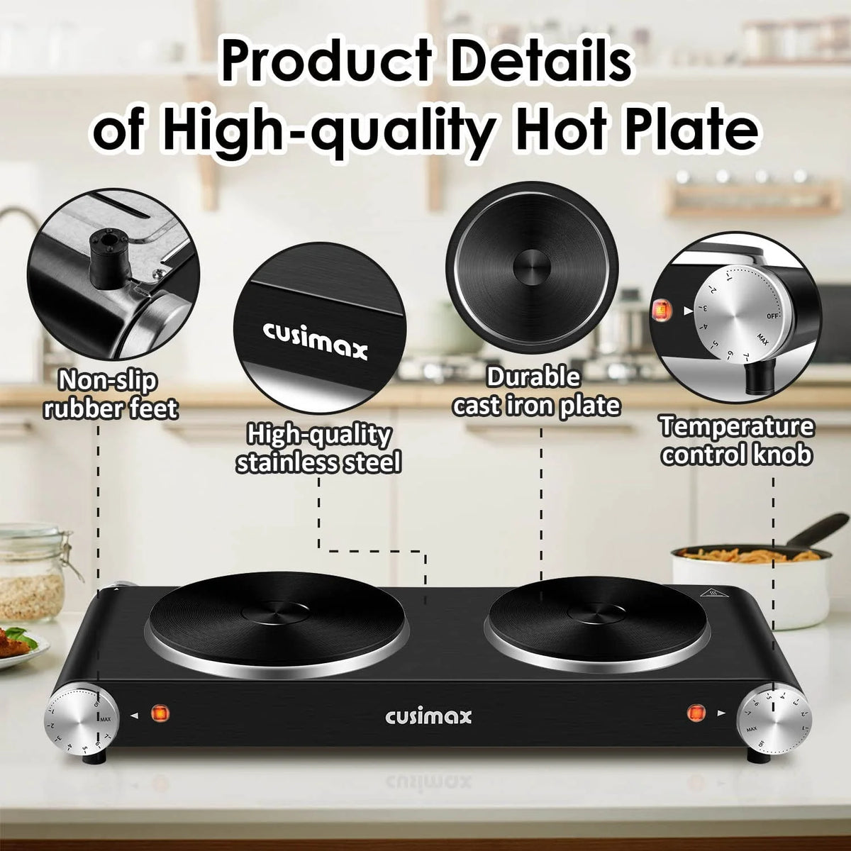1800W Portable Electric Double Burner Cast Iron Cooktop with 7 Power Levels Z40573