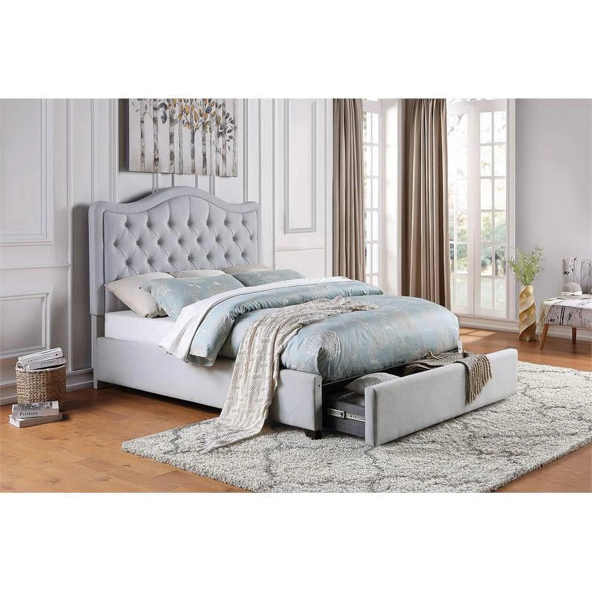 Gray Fabric Eastern King Platform Bed with Storage Drawer U1792
