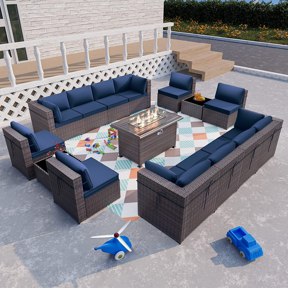 15 Pieces Outdoor Patio Furniture Set with Propane Fire Pit Table Navy Blue Y672