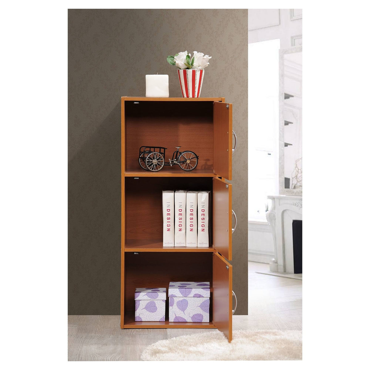 Cherry 3 Shelf 3 Door Bookcase M452