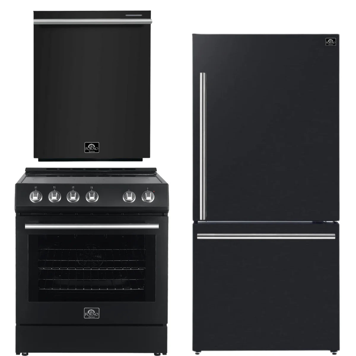 30 Electric Range, Refrigerator and Dishwasher in Black with Silver Handles T4242