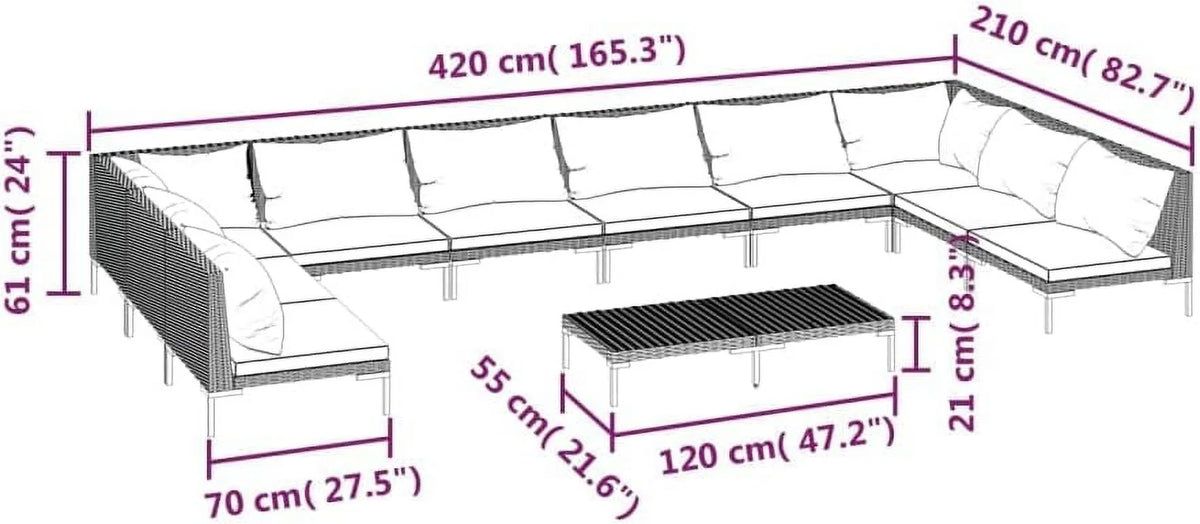 12 Piece Patio Lounge Set with Cushions Poly Rattan Dark Gray D47550