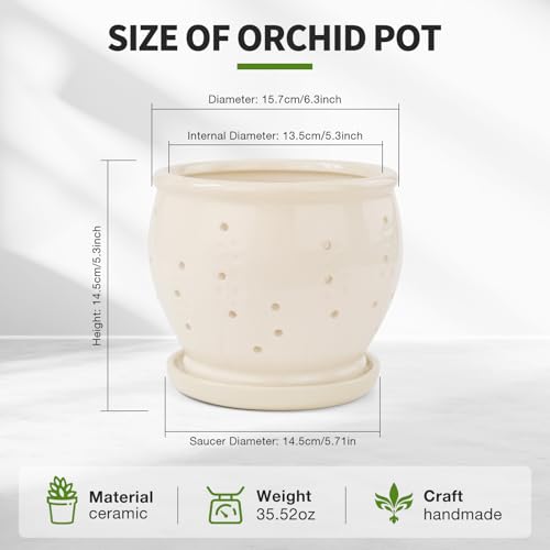 6.3" Ceramic Orchid Pots with Holes Crackle Glazed with Drainage and Separate Saucer White B926615