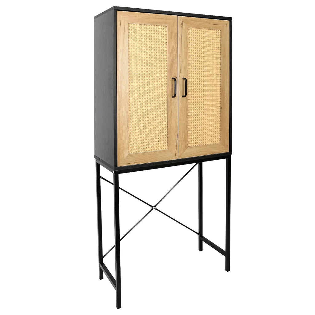 Wooden Cabinet with 2 Rattan Doors and 3-Tier Shelving S15010