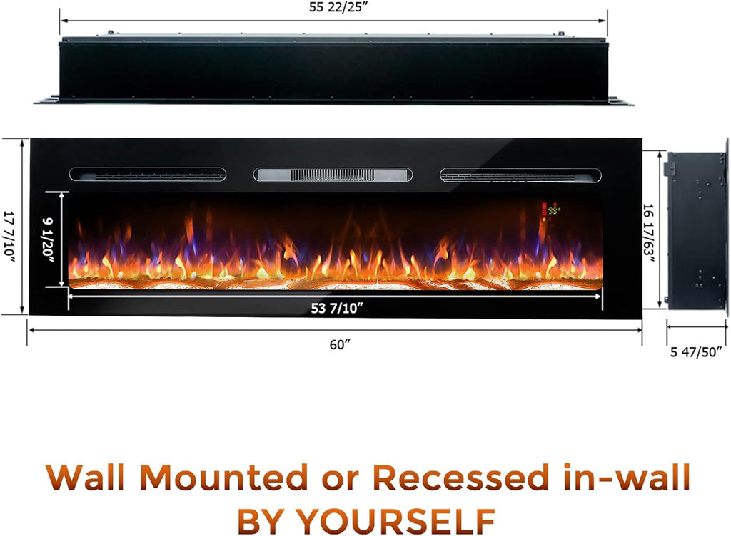60 Electric Fireplace, Recessed & Wall Mounted, Ultra Thin, Low Noise, Remote Control, 1500W, Black S1920