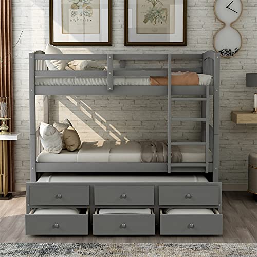 Twin Over Twin Solid Wood Bunk Bed with Storage Drawers and Trundle (Espresso) A65918