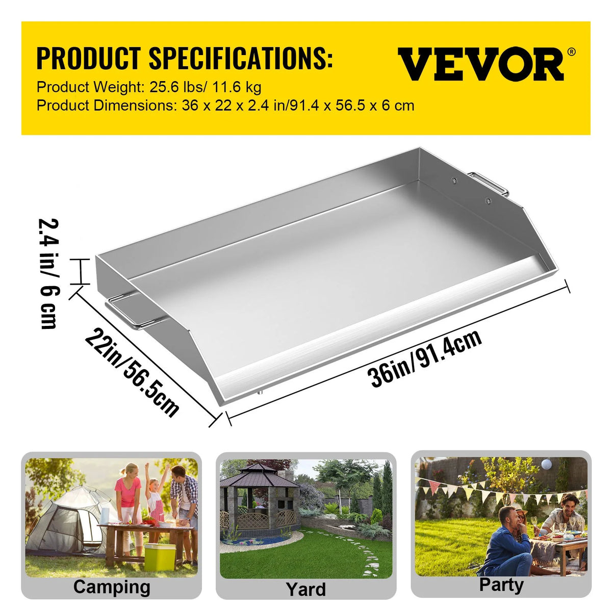Stainless Steel Griddle Flat Top BBQ Plate with Handles and Grease Groove N20878