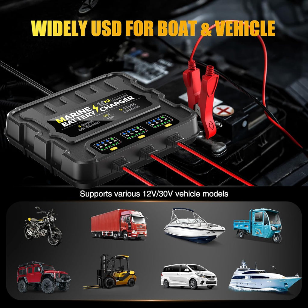 12V 30A Smart Waterproof Onboard Boat Battery Charger W54928