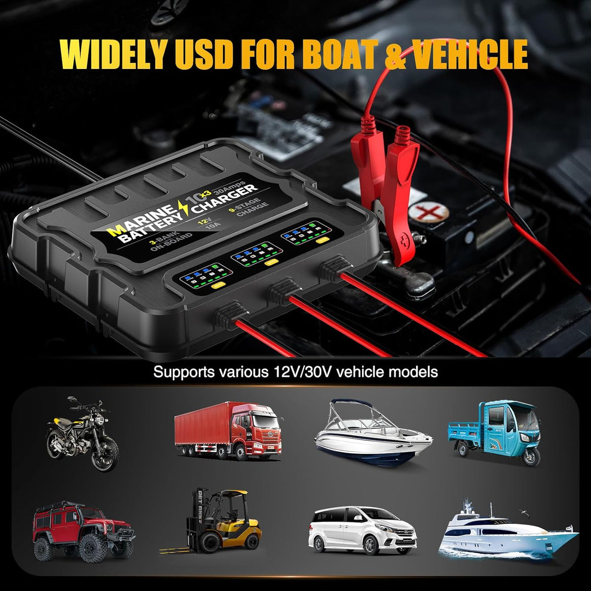 12V 30A Smart Waterproof Onboard Boat Battery Charger W54928