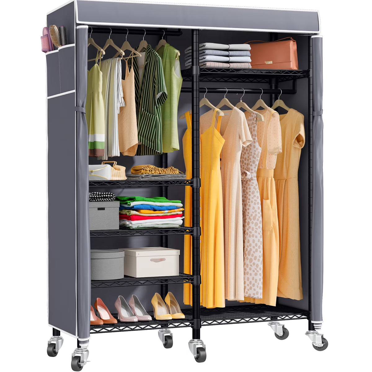 620lbs Heavy Duty Garment Rack 6 Tiers Black Metal on Wheel with Grey Cover L8101