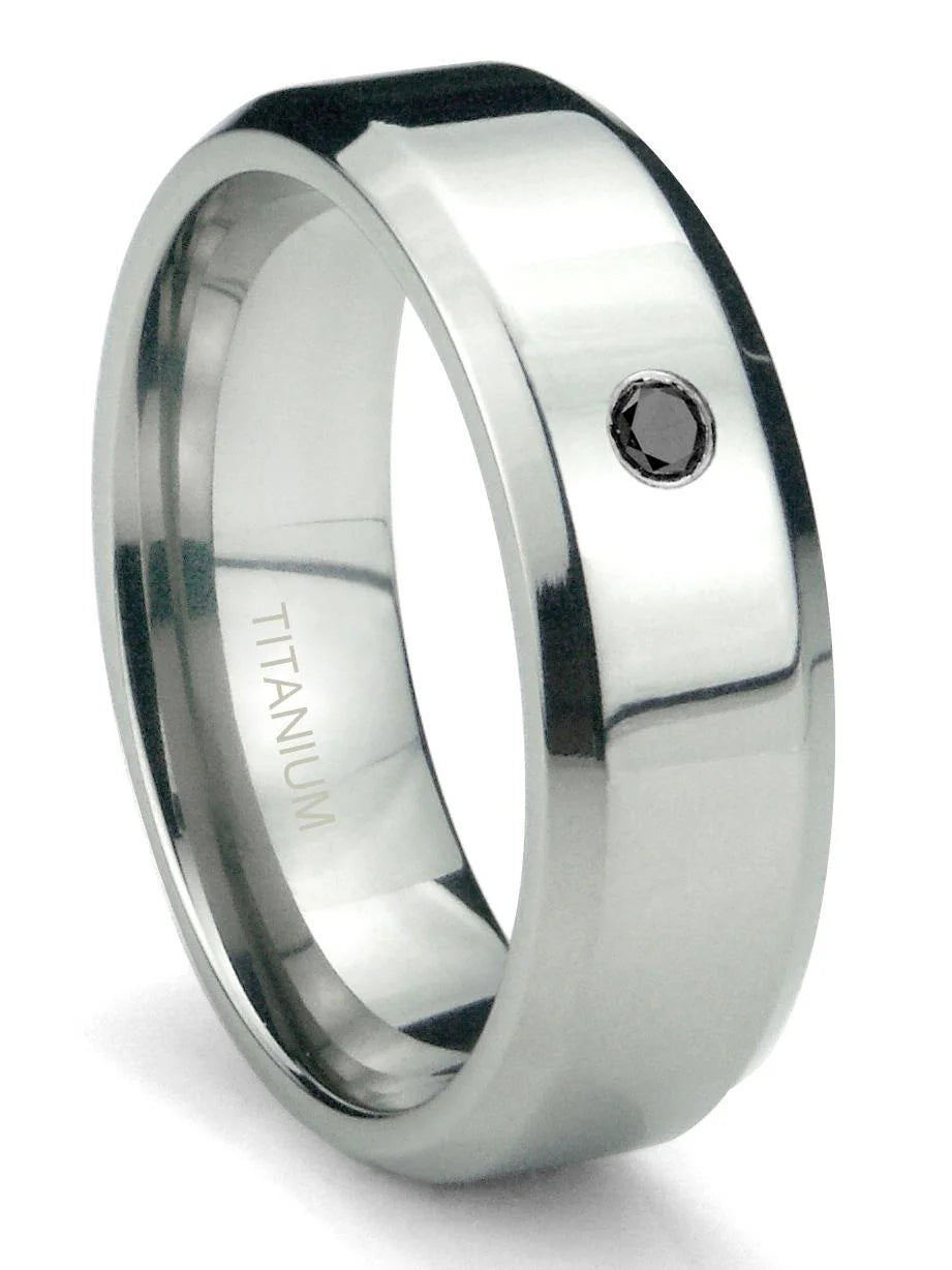 Titanium 6mm Solitaire Black Diamond Beveled Comfort Fit Mens Wedding Band Ring W575