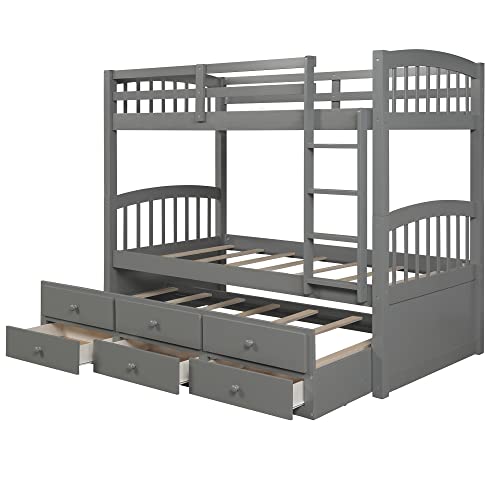 Twin Over Twin Solid Wood Bunk Bed with Storage Drawers and Trundle (Espresso) A65918