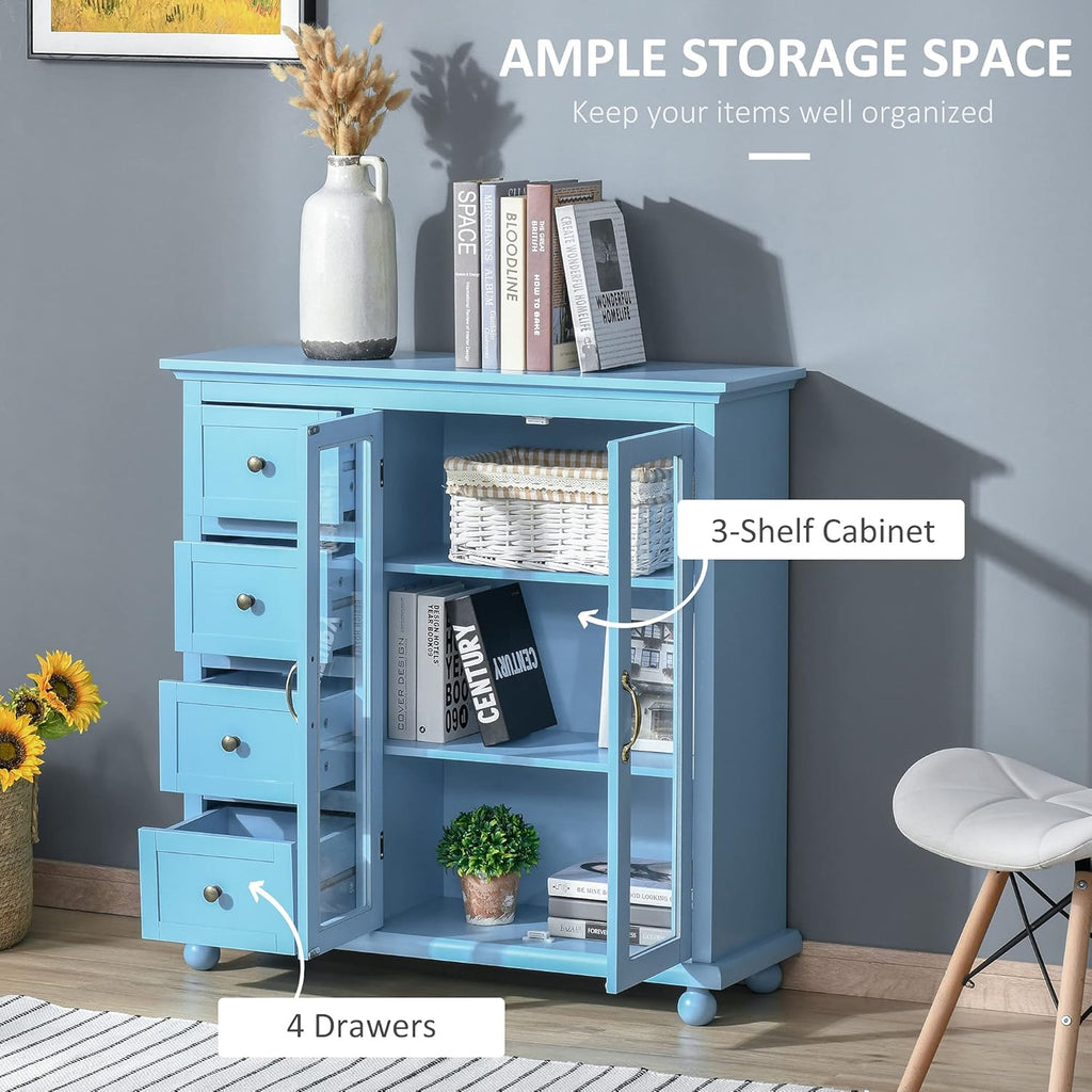 Storage Sideboard Cabinet with 4 Drawers and Glass Door Cupboard P18528