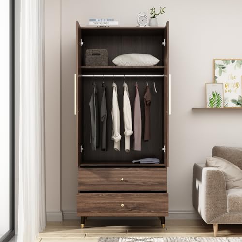 Brown Wooden Wardrobe Armoire with 2 Doors, 2 Drawers, Hanging Rod B475961