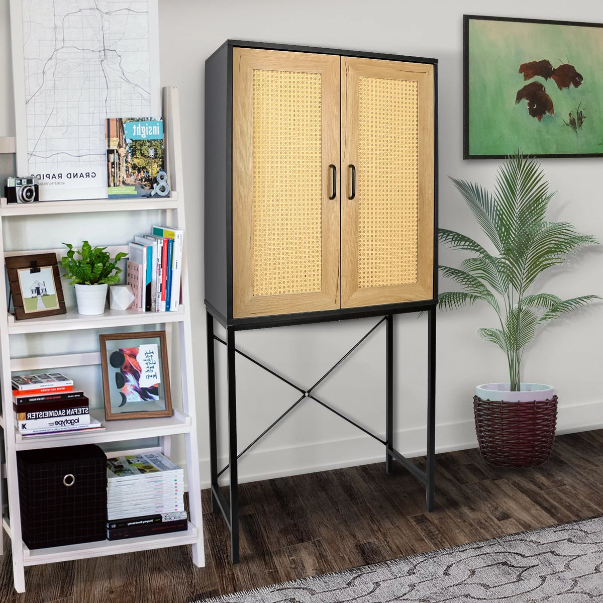 Wooden Cabinet with 2 Rattan Doors and 3-Tier Shelving S15010