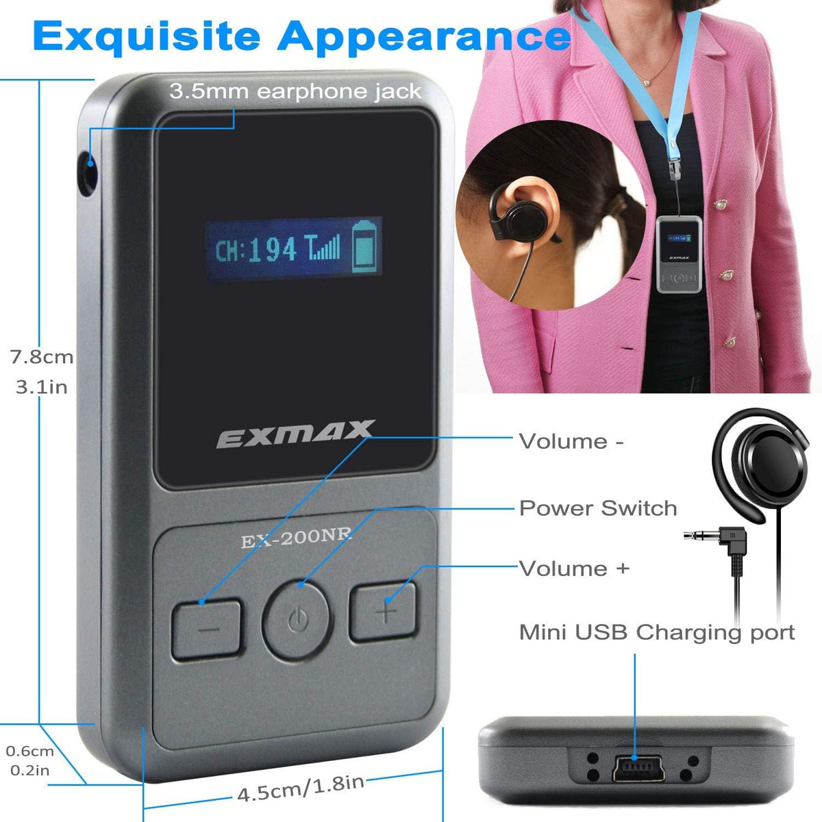 UHF Wireless Tour Guide Translation System, 200 Channels, 1 Transmitter & 10 Receivers & 16-port USB Charge Station U39272