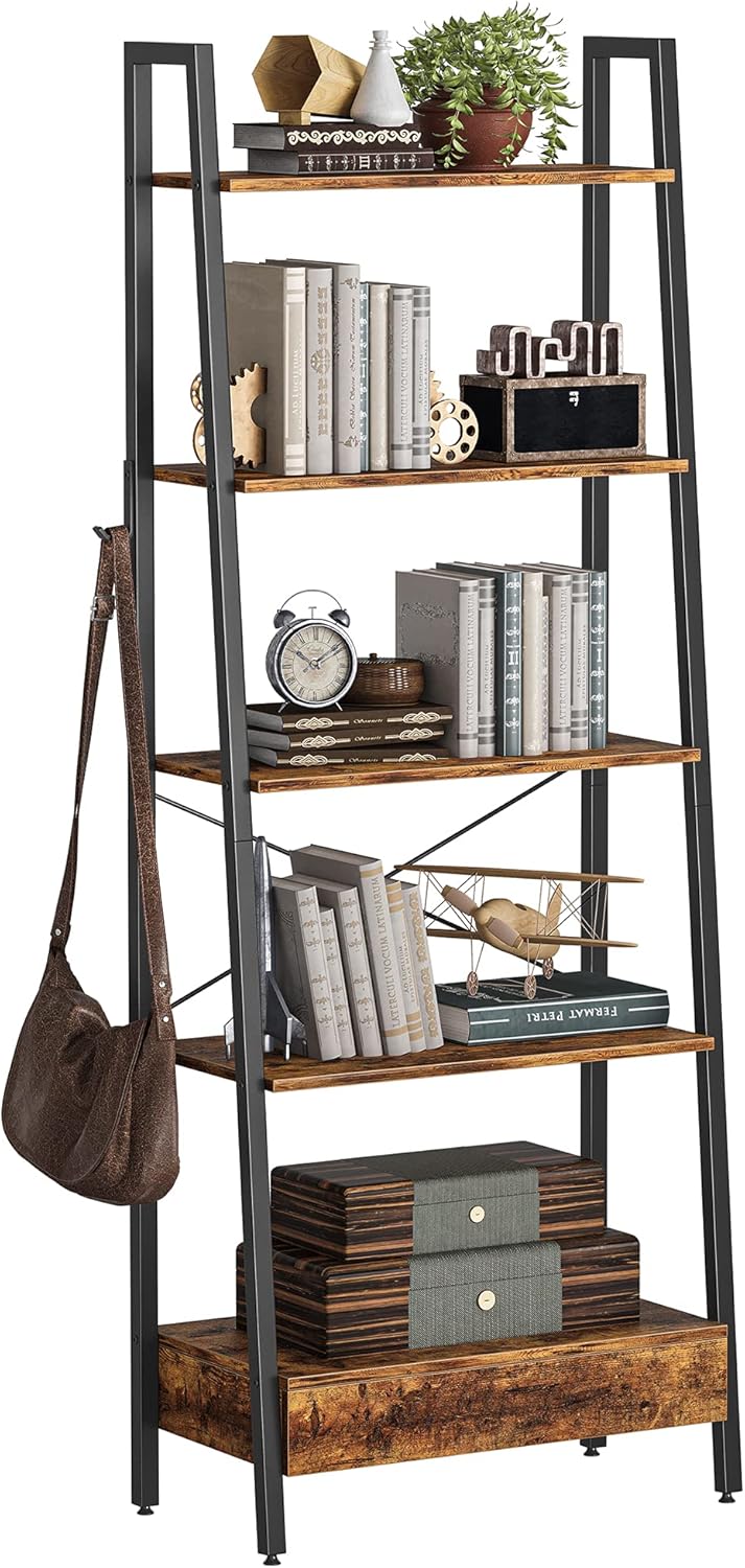 5-Tier Ladder Shelf with Drawer Rustic Brown C38944