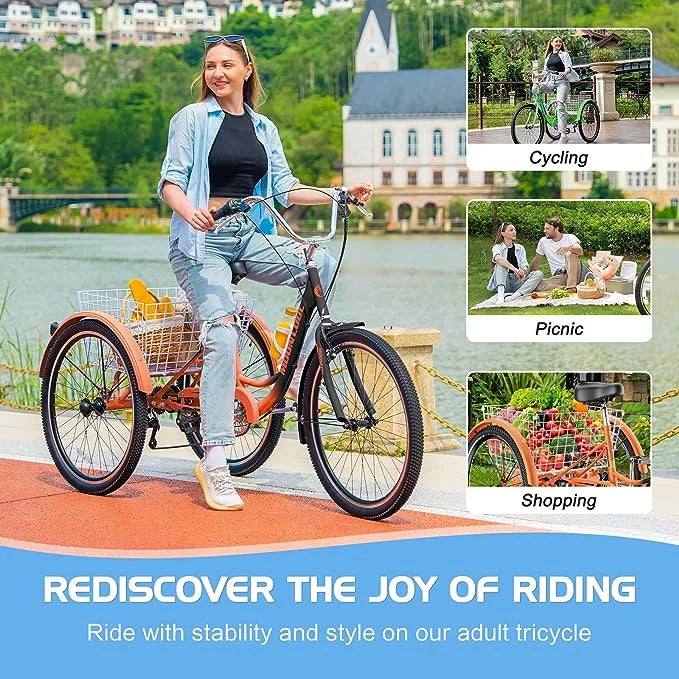 Adult Tricycles 7 Speed 20/24/26 Inch Three Wheel Bike Cruiser Trike with Low-Step Through Frame, Large Basket, Backrest Saddle M297698