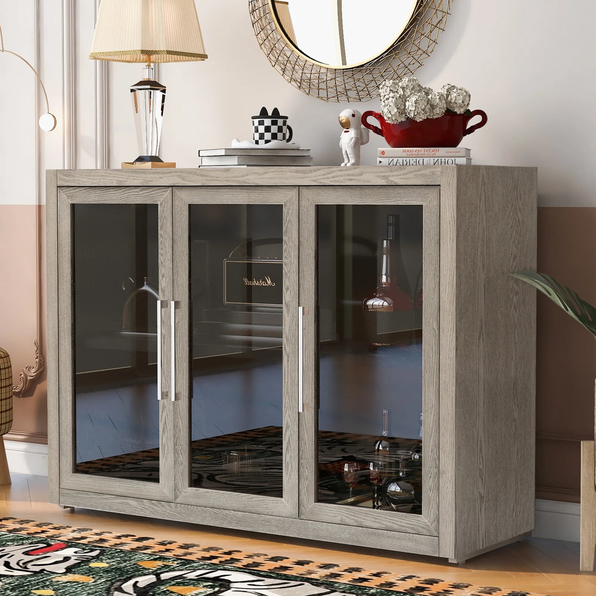 Wood Storage Cabinet with Three Tempered Glass Doors and Adjustable Shelf O434074
