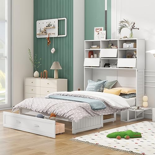 White Queen Size Murphy Bed with Bookcase and Drawer L3580