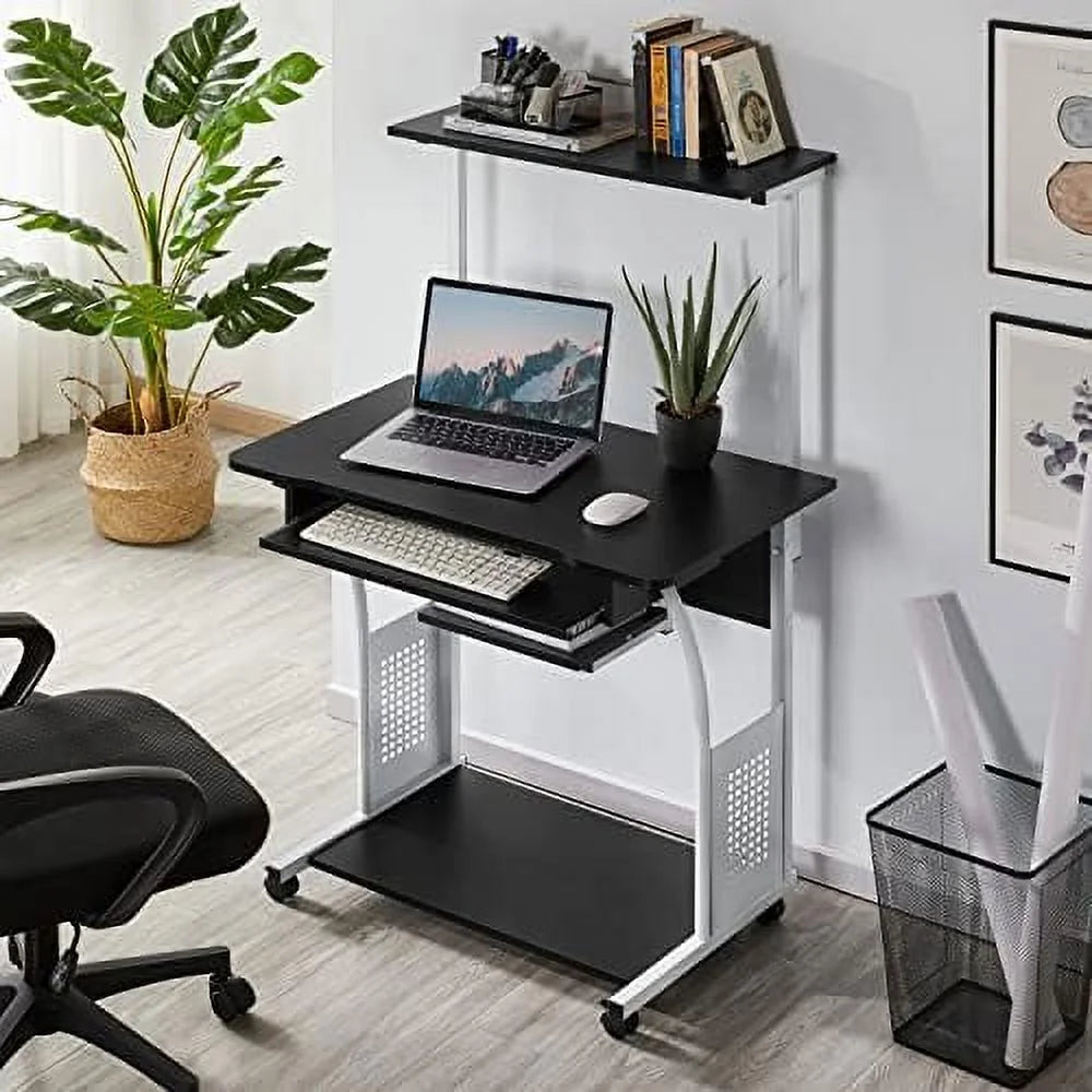 2 Tier Mobile Computer Desk with Printer Shelf Black F619