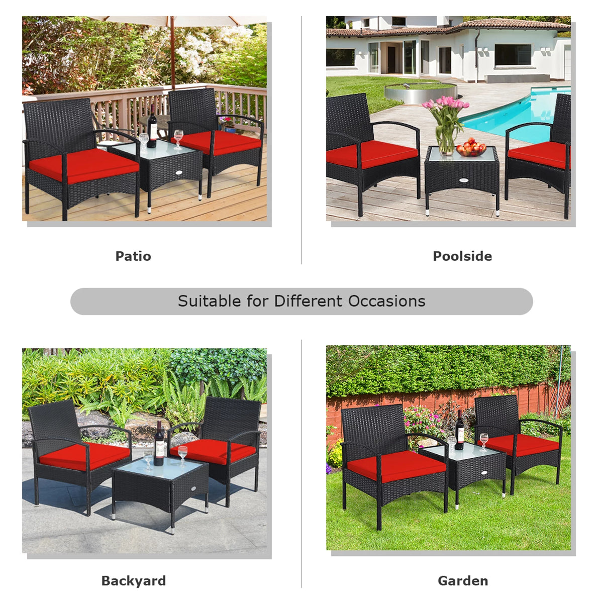 3 PCS Patio Wicker Rattan Furniture Set with Cushion V565