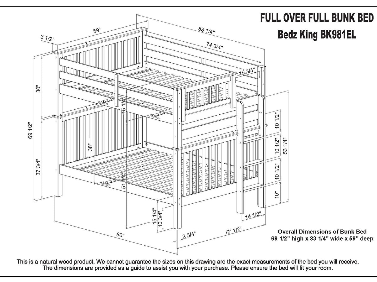 Gray Full over Full Bunk Beds with End Ladder and 2 Under Bed Drawers D671958