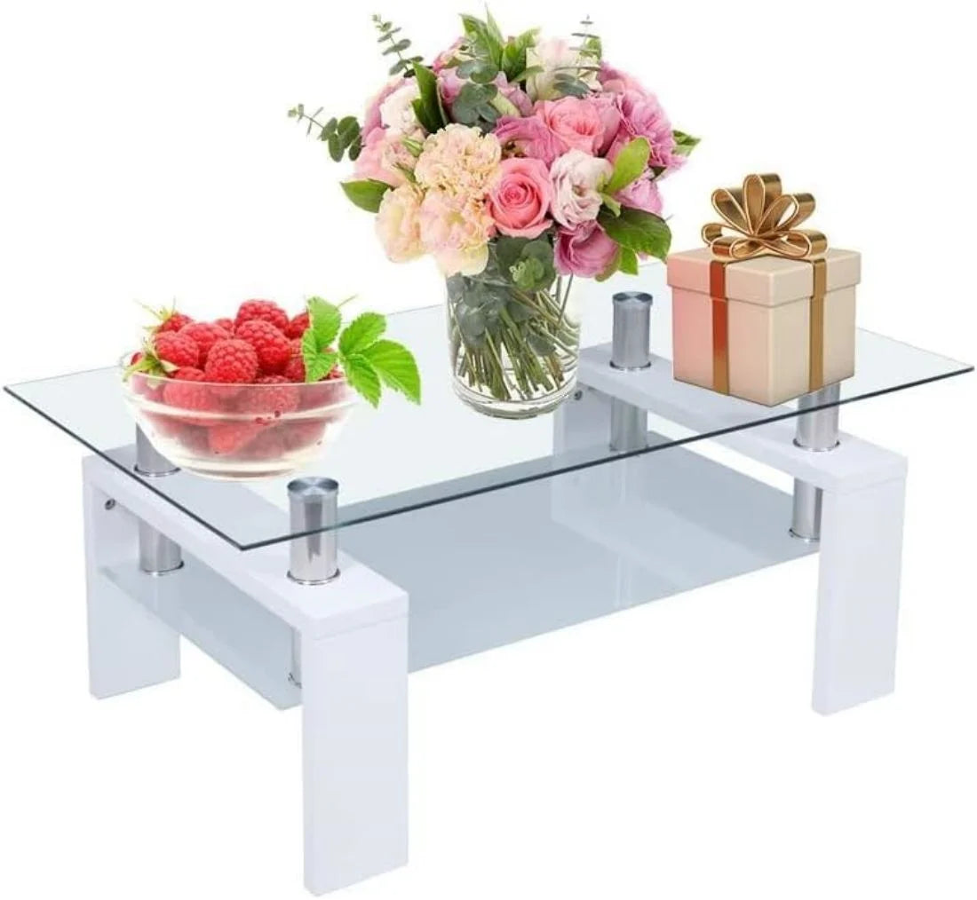 Glass Top White Coffee Table with Lower Shelf R719048