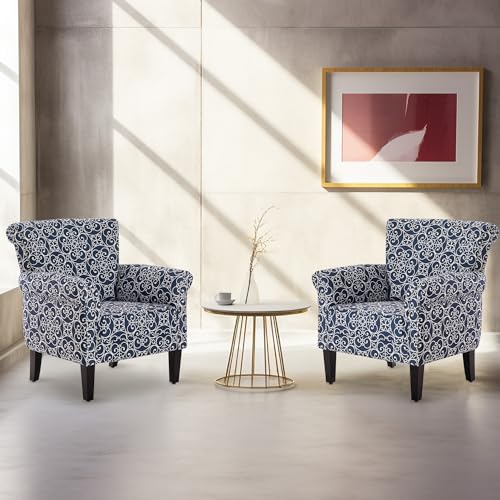 Upholstered Wingback Accent Chair, Fabric Armchair, Nailhead Trim High Back Patterned Corner Chair, Navy Blue/White X701