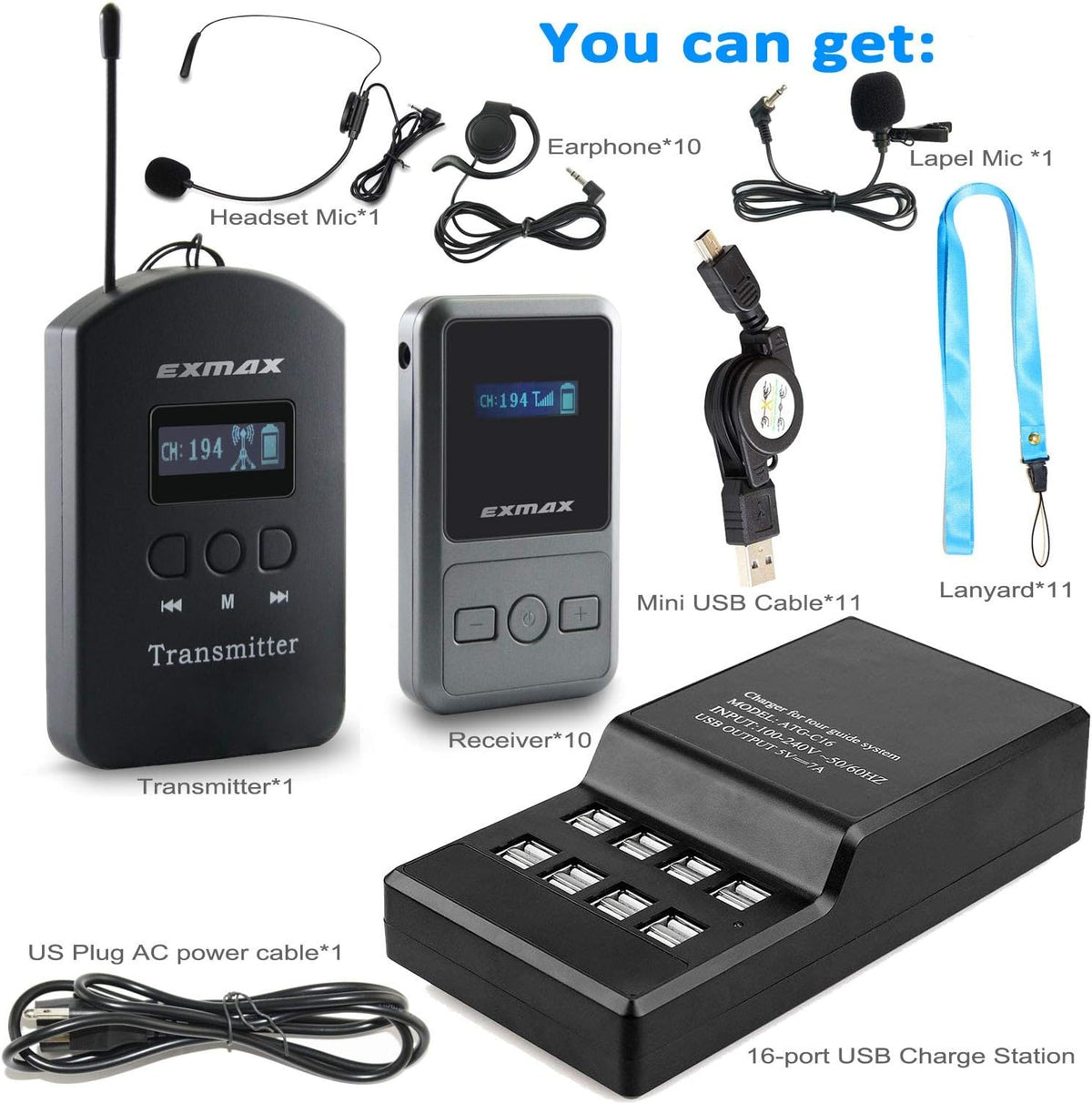 UHF Wireless Tour Guide Translation System, 200 Channels, 1 Transmitter & 10 Receivers & 16-port USB Charge Station U39272